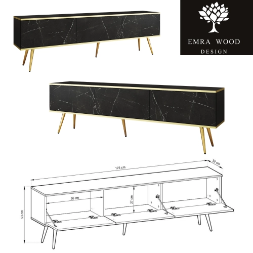 Szafka RTV Marmur Black Royal - Złota 175 cm Noga Czarna - Złota